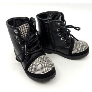 Kids 6 | CHATTIES Rhinestone Embellished Black Zip-up Faux Lace Up Combat Boot